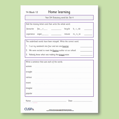 Y4 Spelling Block 12 Home Learning HL
