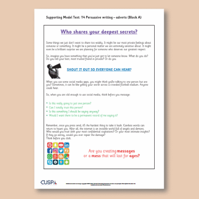 Y4 Writing A (Persuasive Writing - Adverts) Supporting Model Text SMT