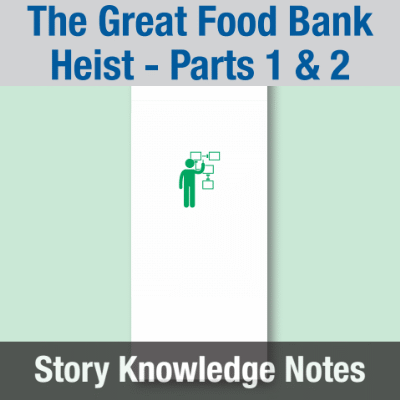 Image of Year 05 Communication (The Great Food Bank Heist - Parts 1 & 2) Story Knowledge Notes CUSP ResourceAccess Autumn 277x102mm Printed in Black;    7 Leaf Set in pads of 16