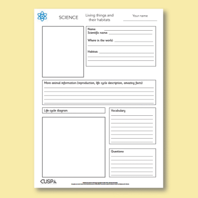 Y5 Science (2nd Revisit: Living Things and their Habitats) AR1 Animal Information Pupil Organiser
