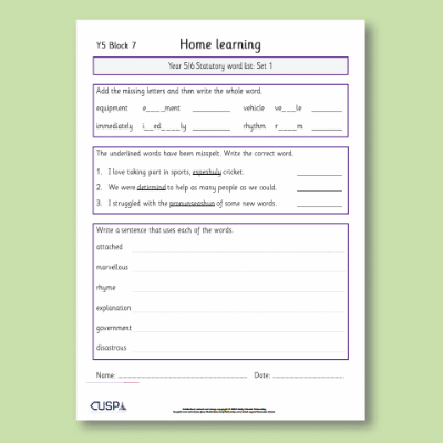 Y5 Spelling Block 07 Home Learning HL