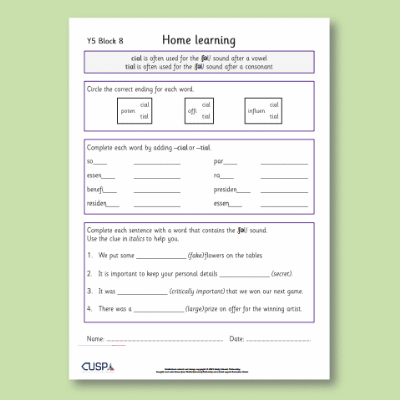 Y5 Spelling Block 08 Home Learning HL