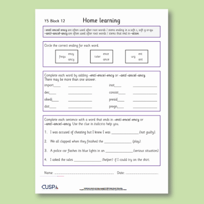 Y5 Spelling Block 12 Home Learning HL