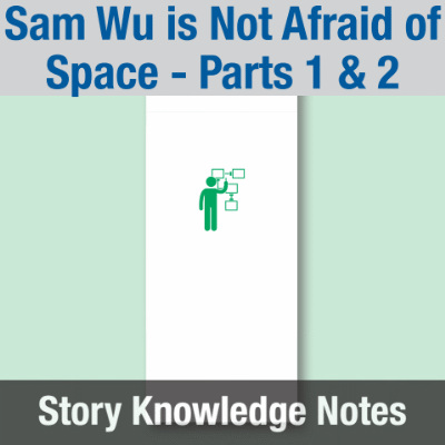 Image of Year 06 Communication (Sam Wu is Not Afraid of Space - Parts 1 & 2) Story Knowledge Notes CUSP ResourceAccess Summer 277x102mm Printed in Black;    4 Leaf Set in pads of 16