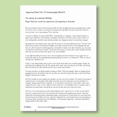 Y6 Writing B (Autobiography) Supporting Model Text SMT