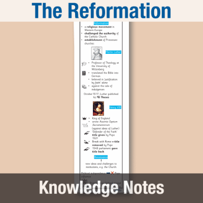 Image of Year 07 History (What were the causes of the Reformation and what was the impact?) Knowledge Notes KN CUSP Resource